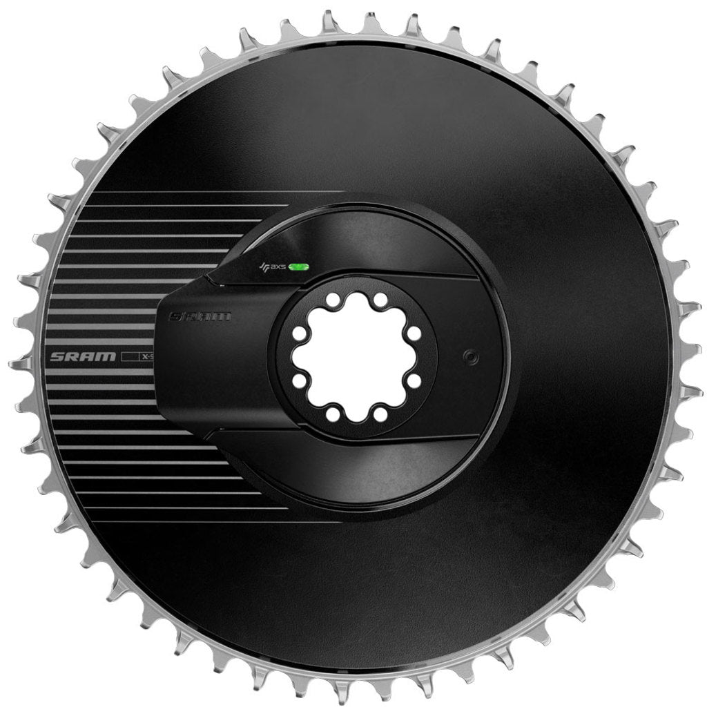 Sram Red AXS E1 13V vermogensmeter kit voor racefiets, direct mount, 54T aluminium zwart, zichtbaar op de fiets.