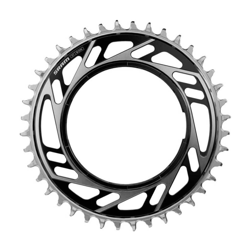 Zwart en zilveren Sram Kettingblad voor 13-speed met schroefmontage, geschikt voor racefietsen en mountainbikes.