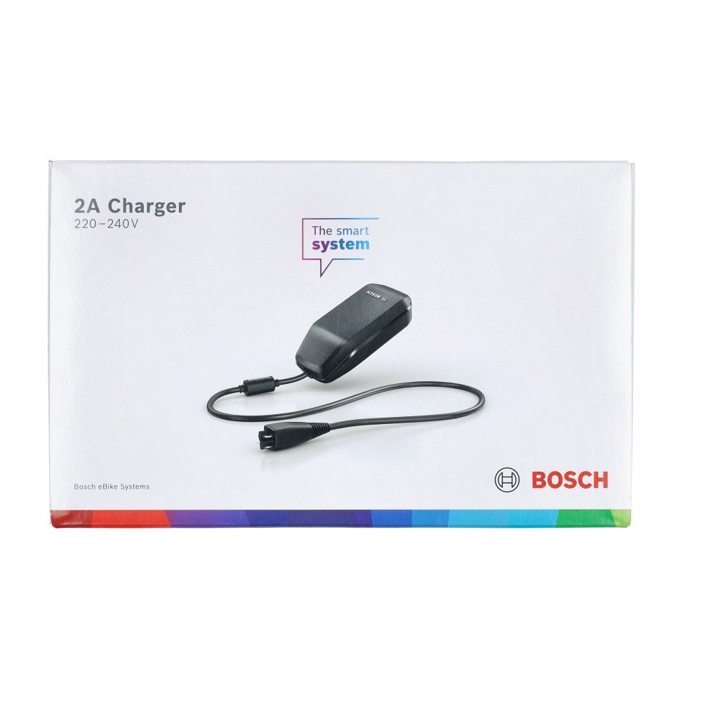 Bosch E-bike oplader 2A (220-240V) model Bes3, geschikt voor Bosch elektrische fietsen, zichtbaar met stekker en label