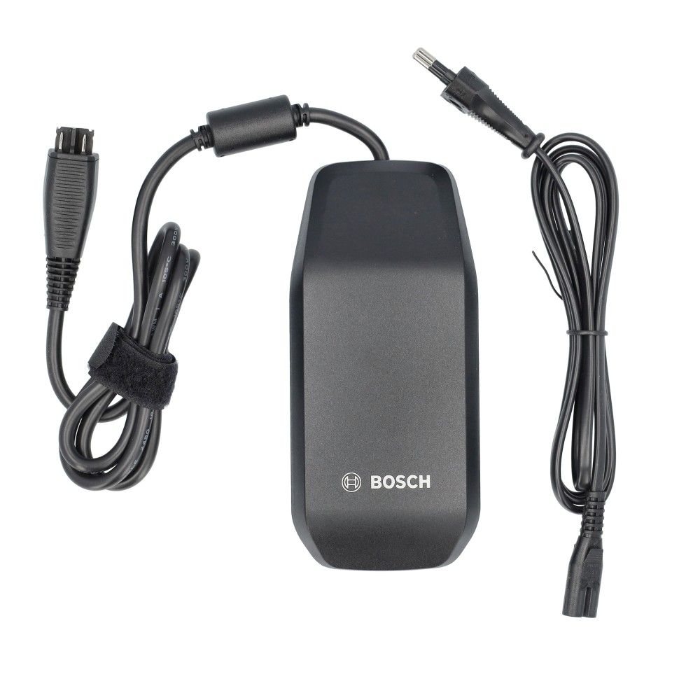 Bosch E-bike oplader 2A (220-240V) model Bes3 voor elektrische fietsen, zwart met oplaadkabel zichtbaar