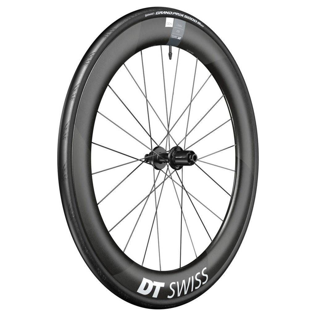 Achterwiel 28 inch DT Swiss ARC1400 Dicut 62 DB WTS SH met carbon velg en schijfrem voor racefiets, zwart.