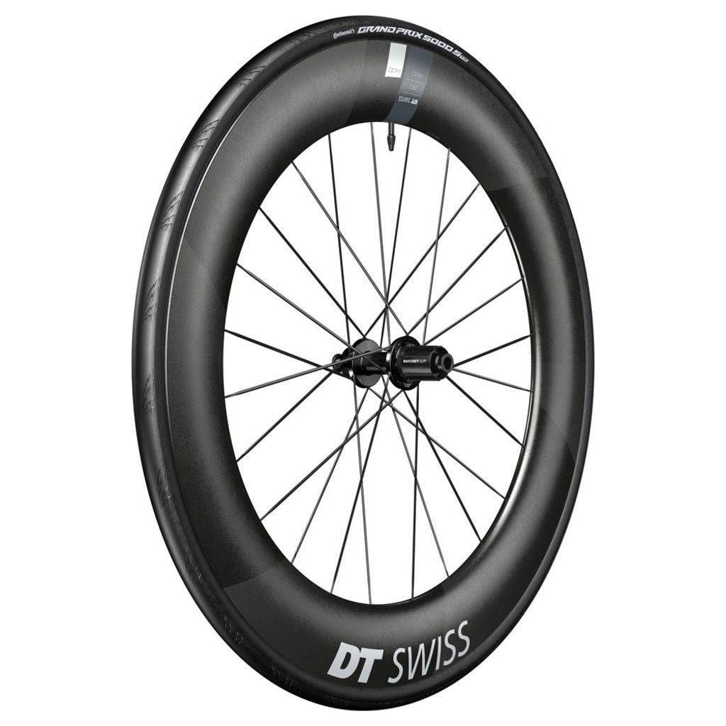 Racefiets achterwiel 28 inch DT Swiss ARC1400 Dicut 80 DB WTS 10/11V carbon zwart, met naaf en aerodynamisch design