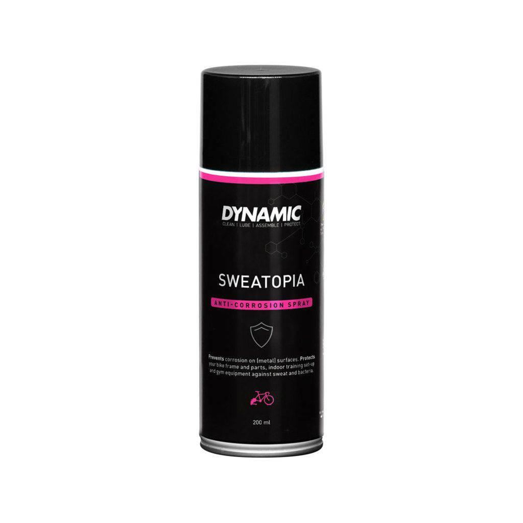 Dynamic Sweatopia Antiroest Spray 200 ml, smeermiddel in sprayfles, met een witte dop en label zichtbaar op de afbeelding.