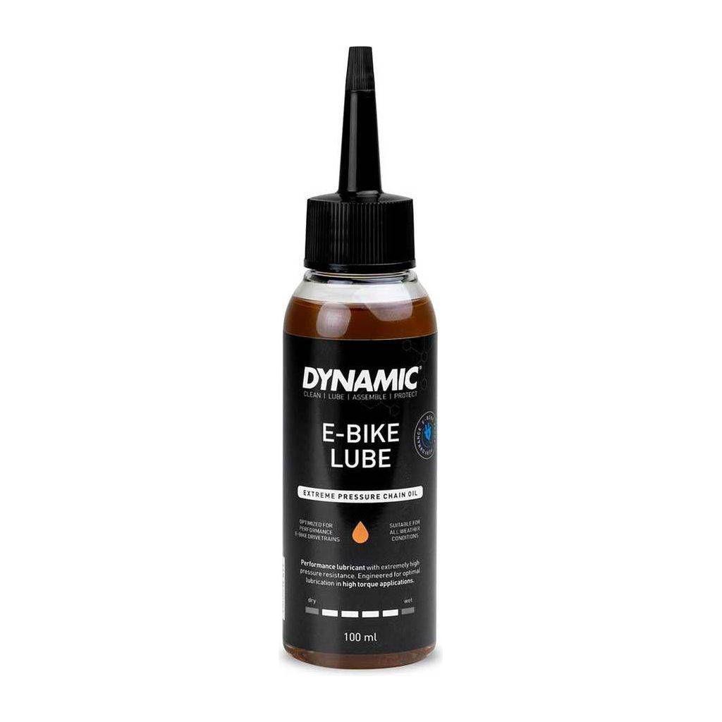 Dynamic E-Bike Lube olie in 100 ml, smeermiddel voor elektrische fietsen, zichtbaar in de afbeelding.