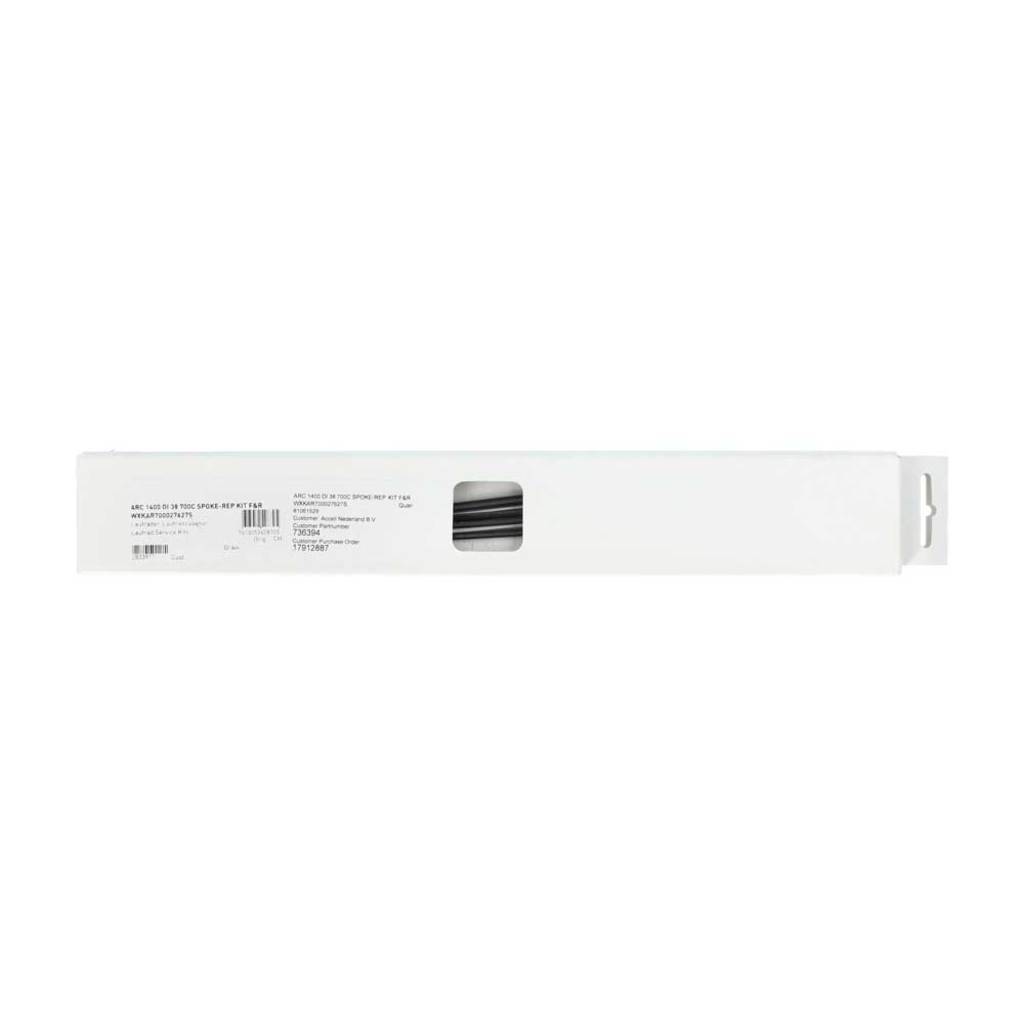 Zwart set van 8 DT Swiss ARC1400 Dicut 38 DB spaaksets voor voor- en achterwielen, zichtbaar in de afbeelding.