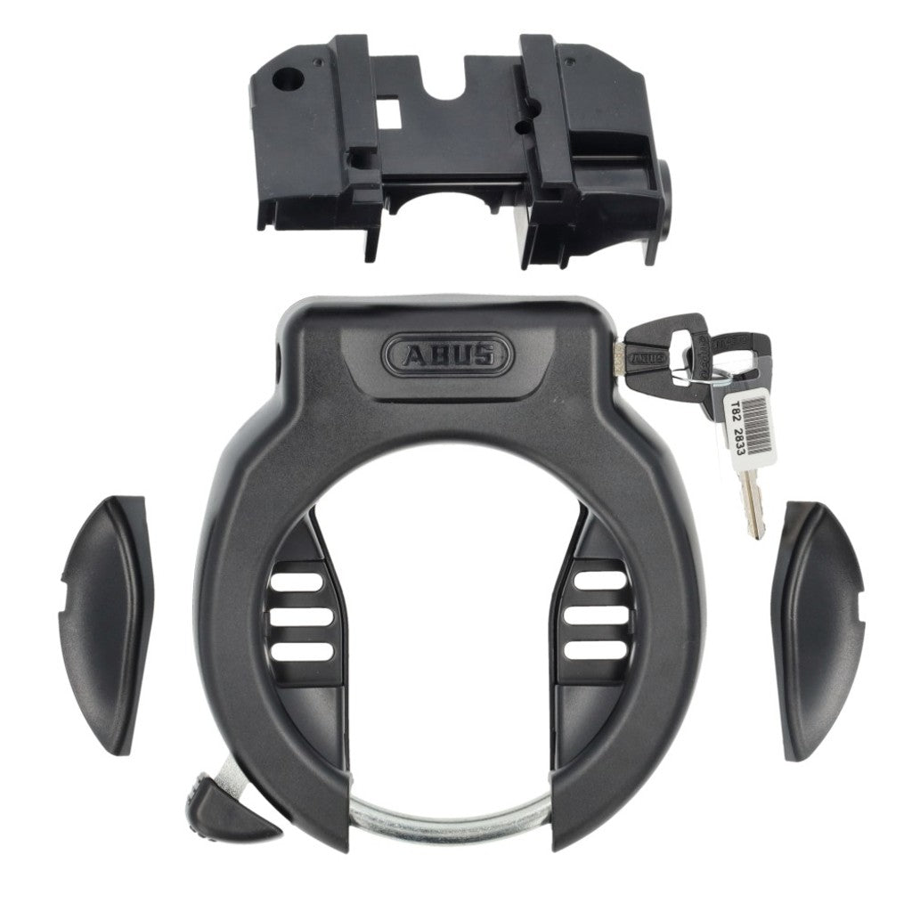 Zwarte Abus Ringslot 4750L met Bosch RT2 accuslot voor extra fietsbeveiliging, zichtbaar in de afbeelding.