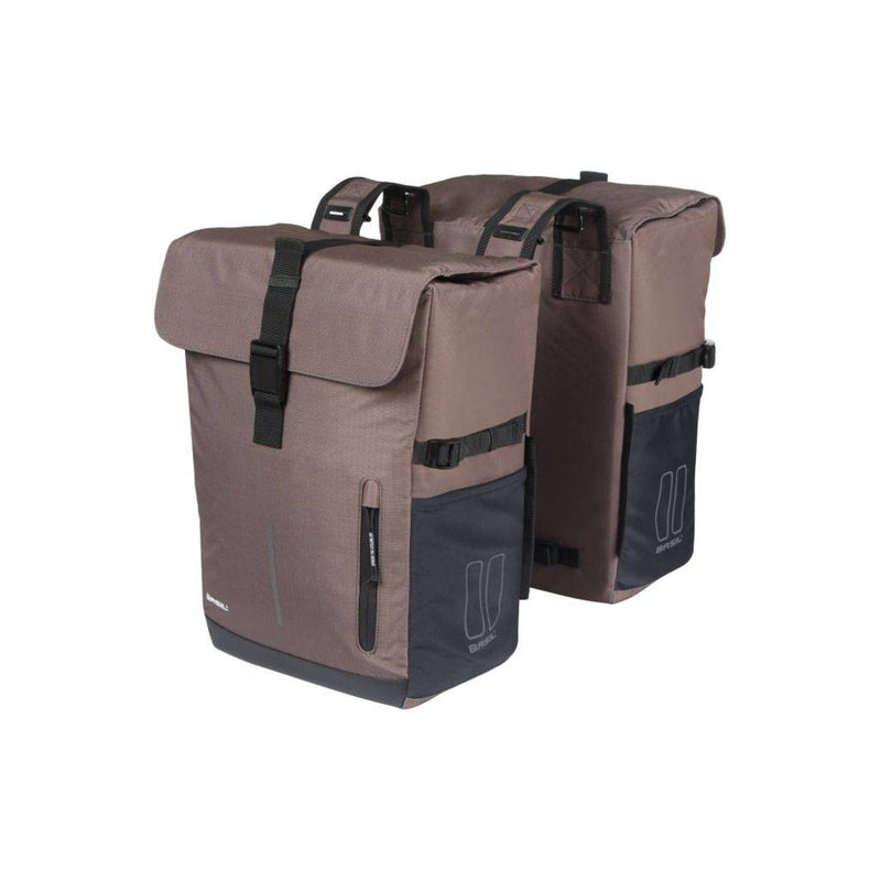 Basil Move dubbele fietstas 30 liter waterafstotend, geschikt voor universele bagagedrager, zwart met reflectie details