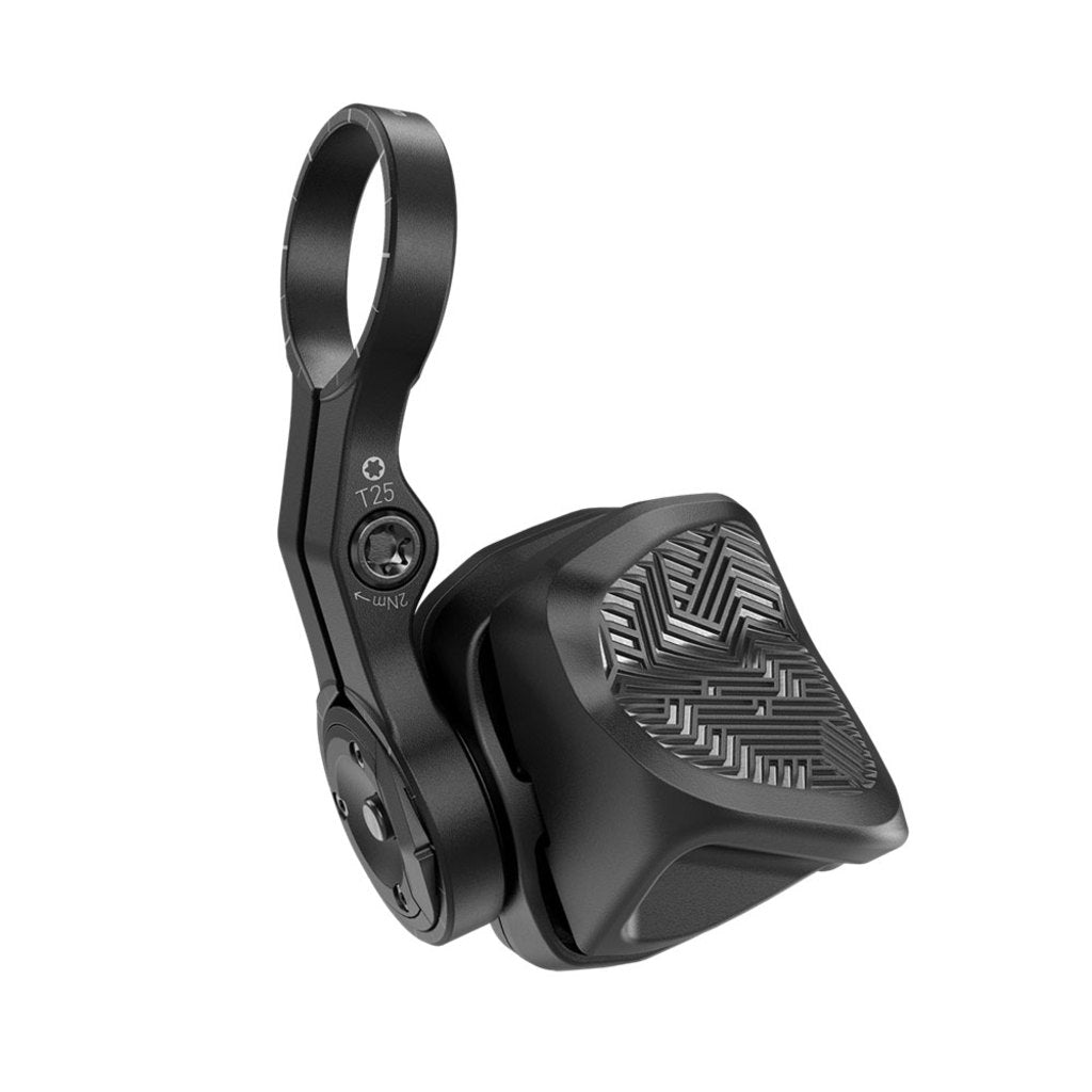 Zwarte Sram Versteller AXS Pod D1 12V rechter shifter voor 12-speed bike, zichtbaar met bedieningsknoppen op de afbeelding.