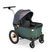 Zwart Burley Hopper Cargo zitting met zonneklep, comfortabel zitje met beschermende zonneklep voor kinderfietskar.