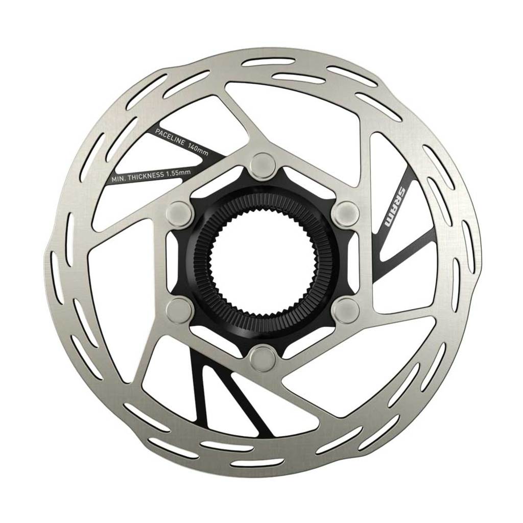 Zilveren Sram Paceline A2 Ronde Centerlock remschijf voor fiets, zichtbare remoppervlakken en bevestigingsgaten