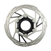 Zilveren Sram Paceline A2 Ronde Centerlock remschijf voor fiets, zichtbare remoppervlakken en bevestigingsgaten