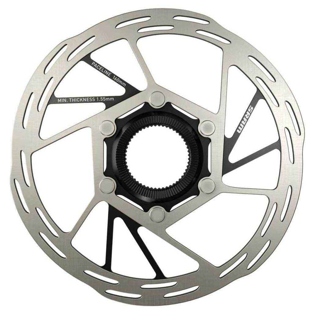Sram Paceline A2 ronde Centerlock remschijf zilver voor fietsremmen, zichtbaar in close-up.