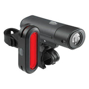 Axa Solis 800 USB verlichtingsset met meerdere LED-lampen en bedieningsknoppen, geschikt voor fietsverlichting.