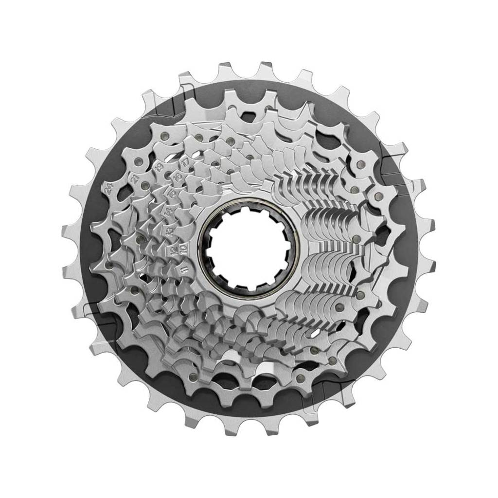 Zilveren Sram Xg1270 E1 12V Xdr cassette voor racefietsen en mountainbikes, 12-speed snelwisselsysteem.