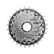 Zilveren Sram Xg1270 E1 12V Xdr cassette voor racefietsen en mountainbikes, 12-speed snelwisselsysteem.
