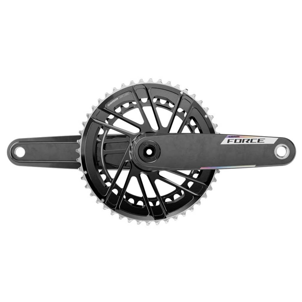 Zwart SRAM Force E1 Dub 12V racefiets crankstel van koolstof, direct mount, zichtbaar op de afbeelding.