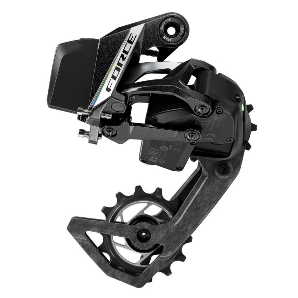 Sram Force eTap AXS E1 12V achterderailleur in zwart carbon voor maximale 36T cassette, geschikt voor racefietsen.
