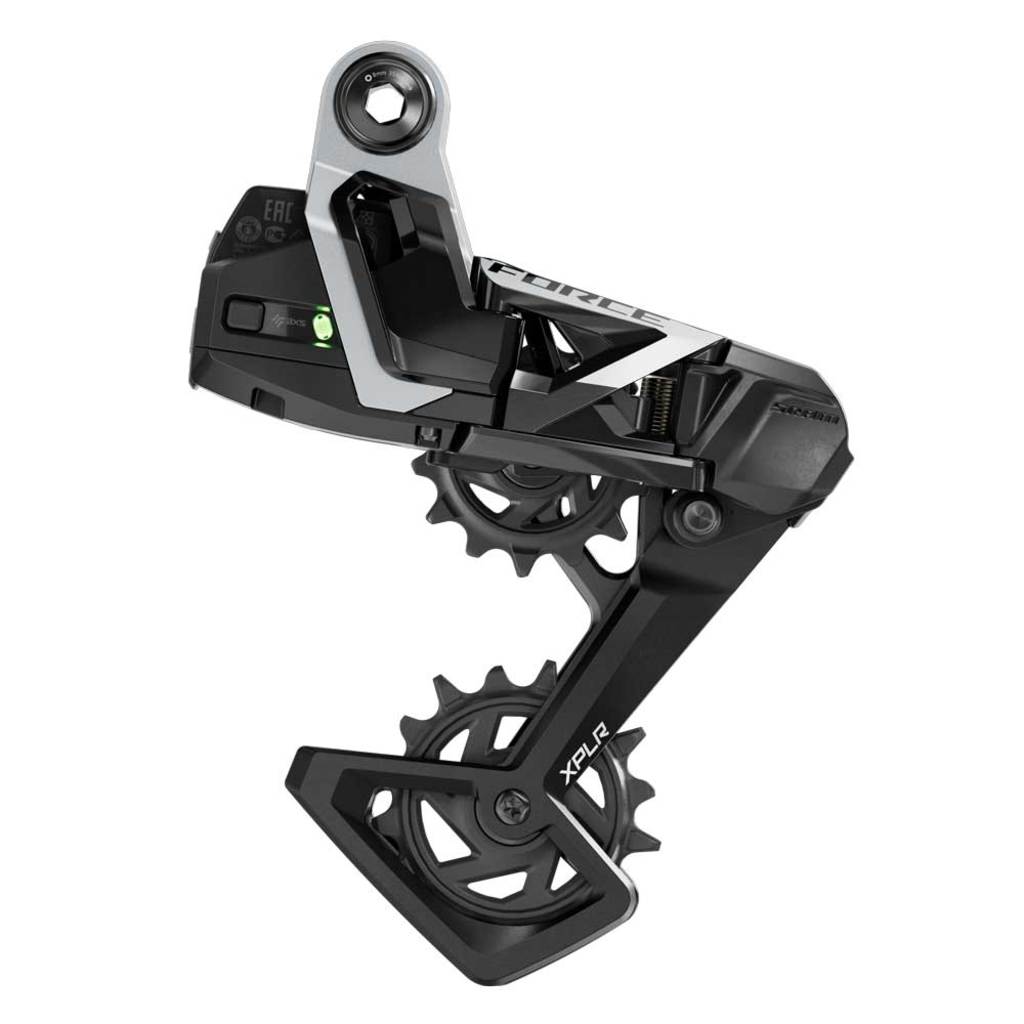 Sram Force Xplr Axs achterderailleur voor 13-speed fietsen, in zwart met maximale 46T capaciteit, op een fiets gemonteerd