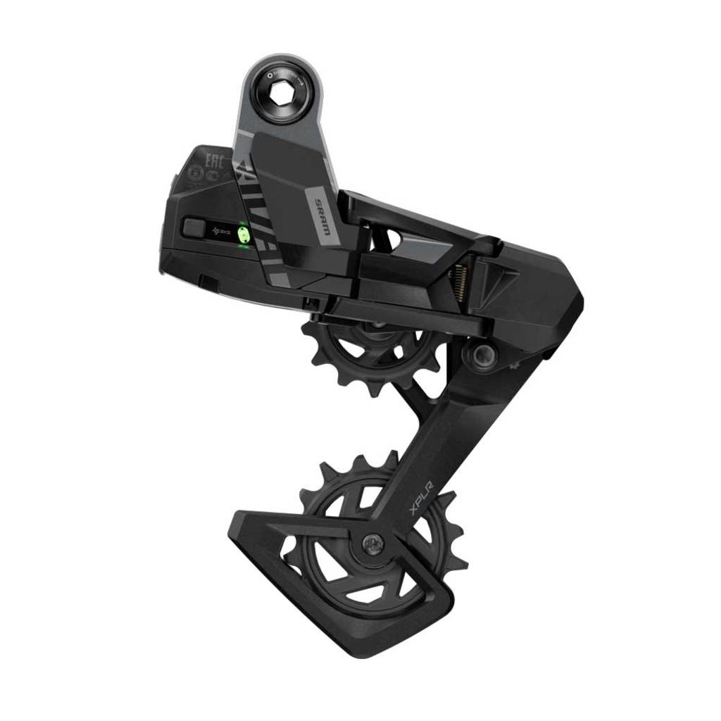 Zwarte SRAM Rival Xplr Axs E1 13-speed achterderailleur met full mount en maximale 46T capaciteit, zichtbaar op de afbeelding.