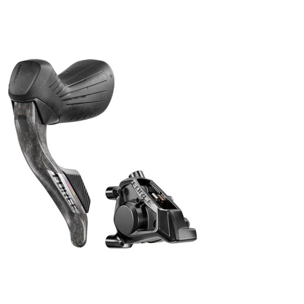 Zwart Sram Force AXS E1 12/13V hydraulische rem- en schakelgreep, carbon, voor 12-speed fietsen, close-up van de shifters.