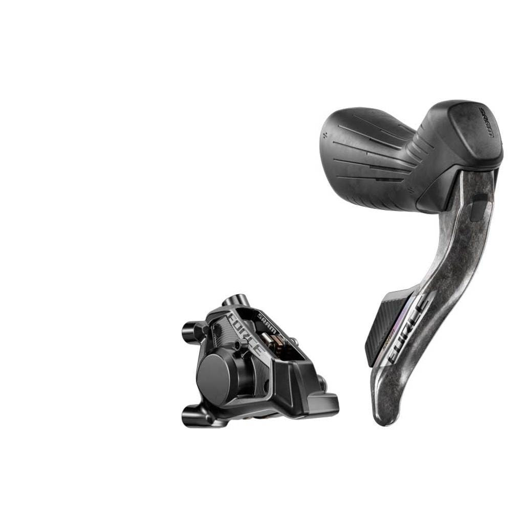 Zwarte Sram Force Axs E1 12/13V hydraulische shifters en remgrepen voor 12-speed fiets, met carbon afwerking.