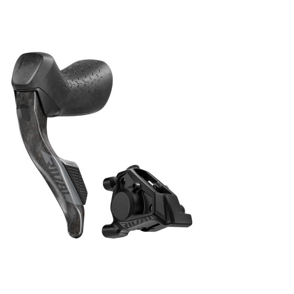 Zwarte SRAM Rival AXS E1 12/13V hydraulische shifters met carbon handgrepen en verstelmechanisme, geschikt voor 12-speed fietsen