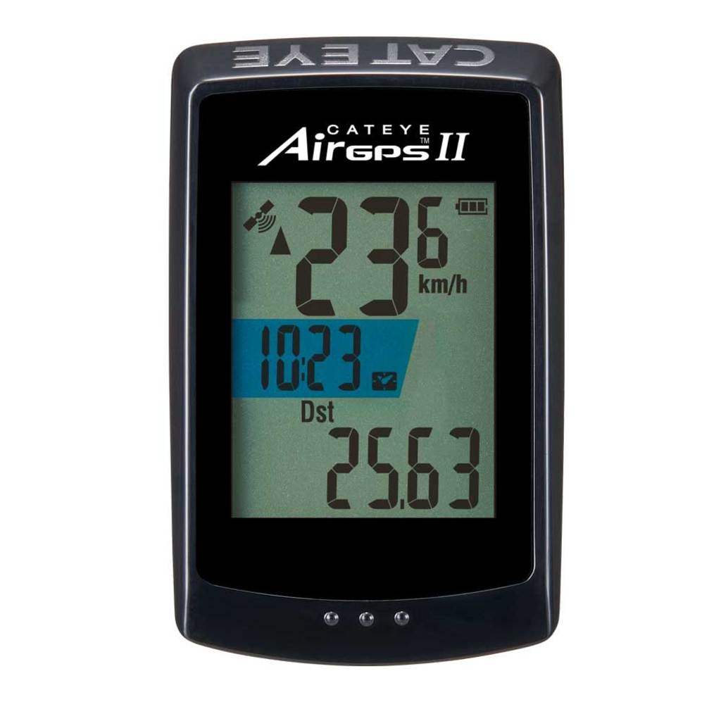 Cateye Airgps II fietscomputer met GPS, USB oplaadbaar en weergave van snelheid en route op scherm.