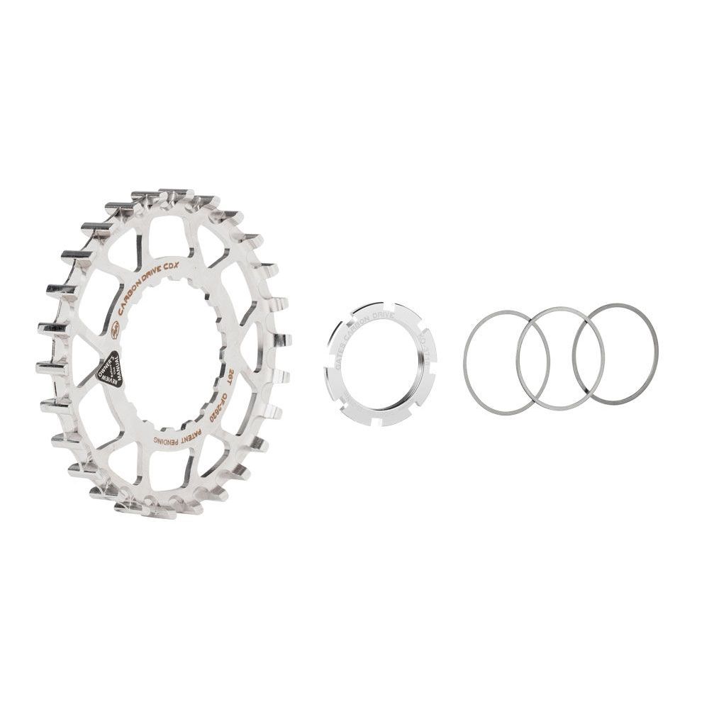 RVS Gates Carbon Drive CDX voortandwiel voor Bosch Gen 2, compleet met ketting en montageonderdelen op afbeelding.
