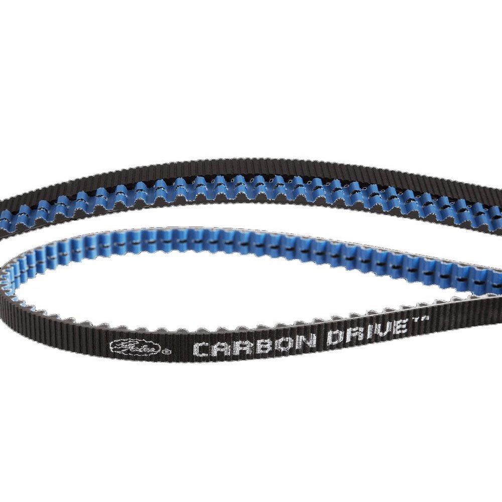 Zwarte en blauwe Gates CDX Carbon Drive tandriem met 11 mm pitch, geschikt voor duurzame fiets- of machinegebruik.
