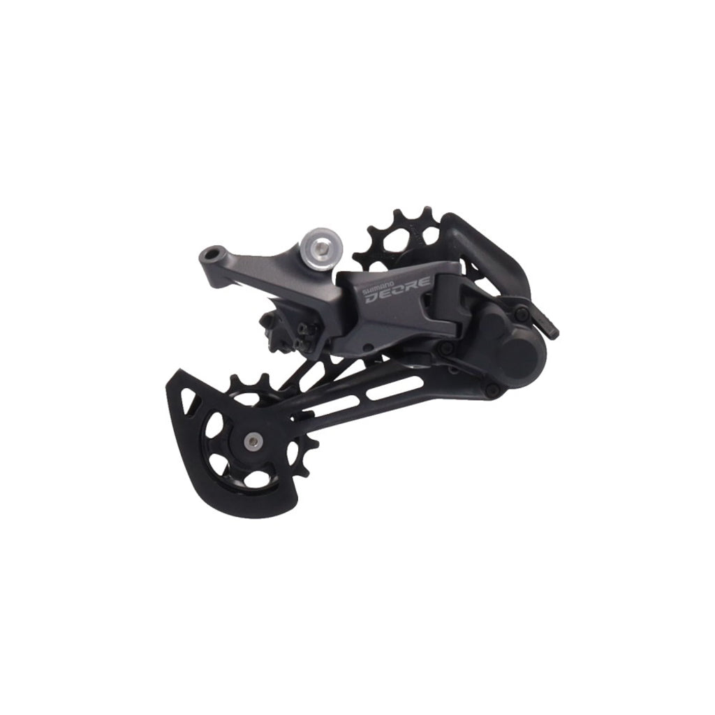 Shimano Deore RD-M5100 11-speed achterderailleur SGS zwart, zichtbaar met derailleur en schakelkabels in close-up.