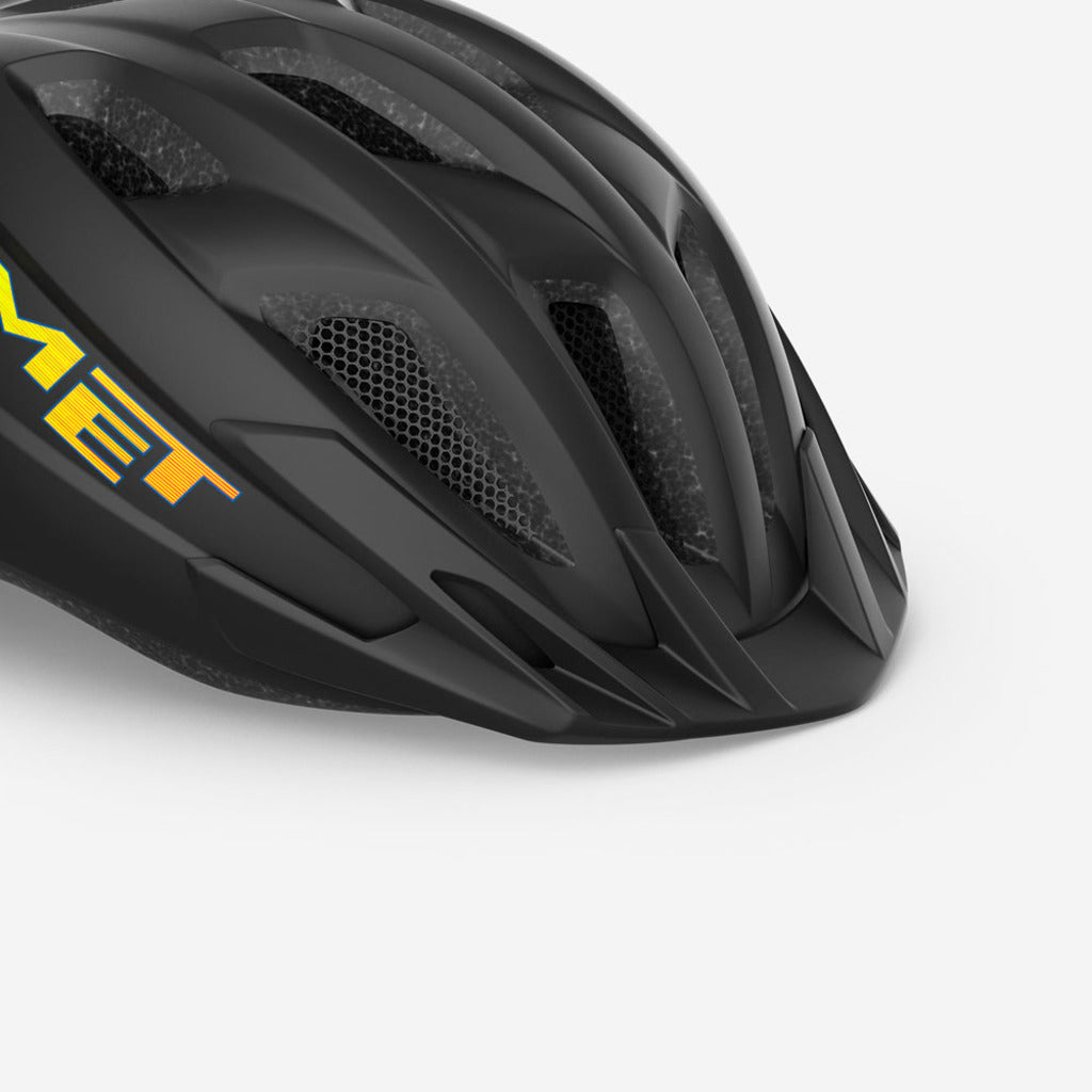Zwarte MET Crackerjack Valhd Helmonderdelen voor fiets, zichtbaar met metalen klep en bevestigingsonderdelen