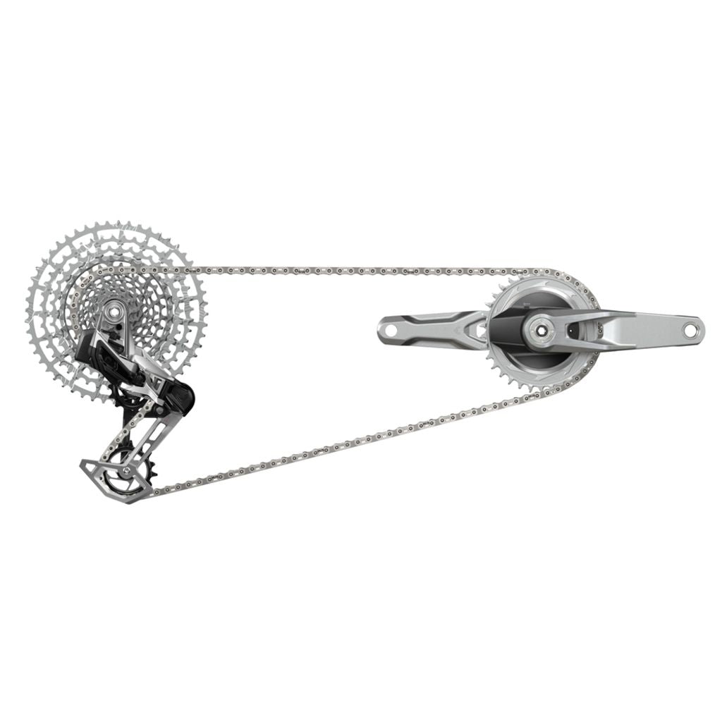 Sram Eagle T AXS A1 12V groepset met powermeter, 170mm crank en 34T kettingblad, geschikt voor mountainbikes.