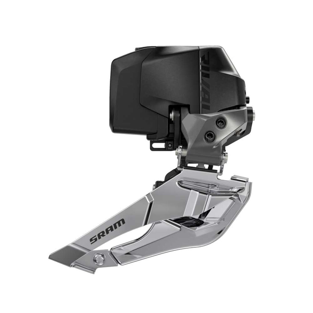 Zwarte Sram Rival eTap AXS D1 12V voor derailleur van aluminium, zichtbaar met kabel en montagebeugel.