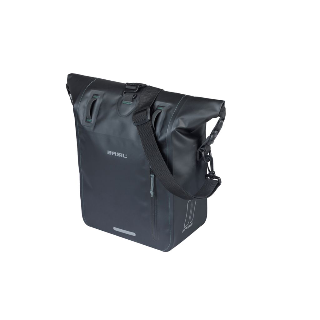 Basil Rivo M enkel fietstas met tarpaulin, 12-15 liter, zwart met reflectie, bevestigingshaken voor fietsmand of rek