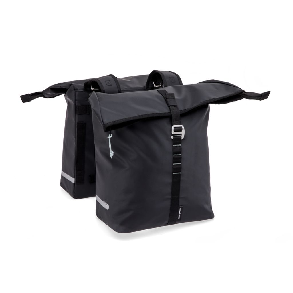 Nieuwe Looxs Cantos dubbele fietstas in zwart, 36 liter, met stevige handvatten en reflecterende details voor veilig fietsen.