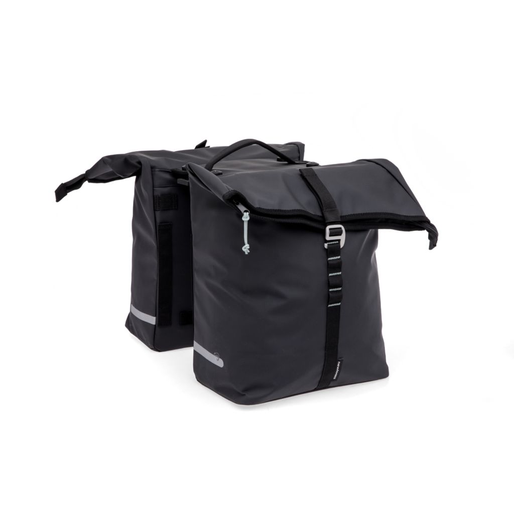 Nieuwe Looxs Cantos dubbele fietstas zwart met 36 liter capaciteit, geschikt voor MIK 2.0 montagesysteem.
