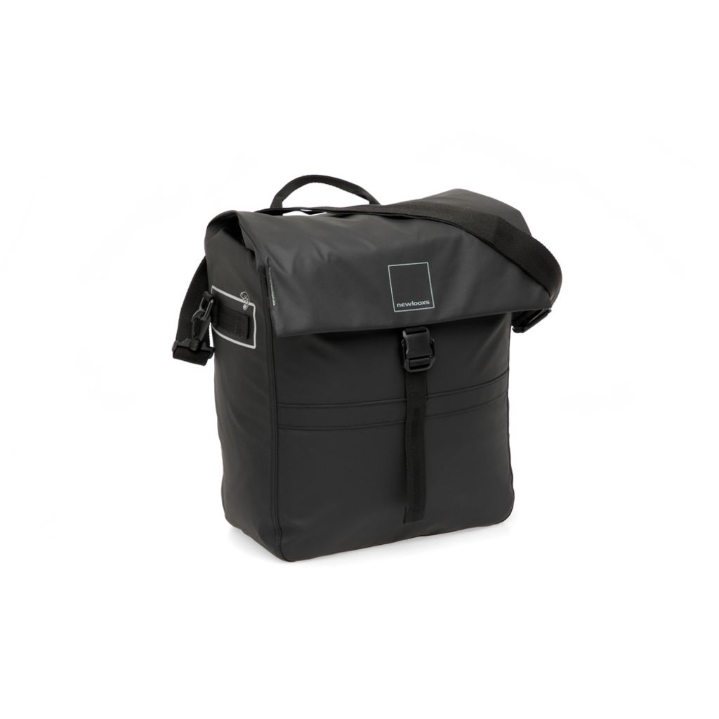 Nieuwe Looxs Leeds enkele fietstas van 19 liter, gemaakt van gerecycled polyester, bevestigd aan een fiets.