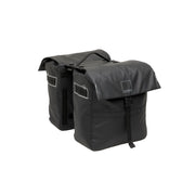 Dubbele fietstas van New Looxs Leeds MIK 2.0 met 38 liter capaciteit, zwart en waterbestendig, geschikt voor bagagedragers.