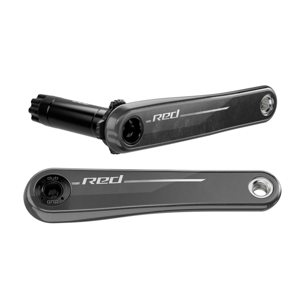 Zwarte Sram Red Wide E1 Dub carbon crankset met directe montage, crankarmen voor racefietsen, zichtbaar op de afbeelding.