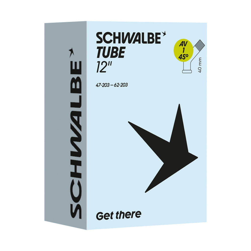 Schwalbe binnenband 12 inch met 47/62-203 maat, 40mm ventiel en 45° hoek voor fietsbanden op de afbeelding