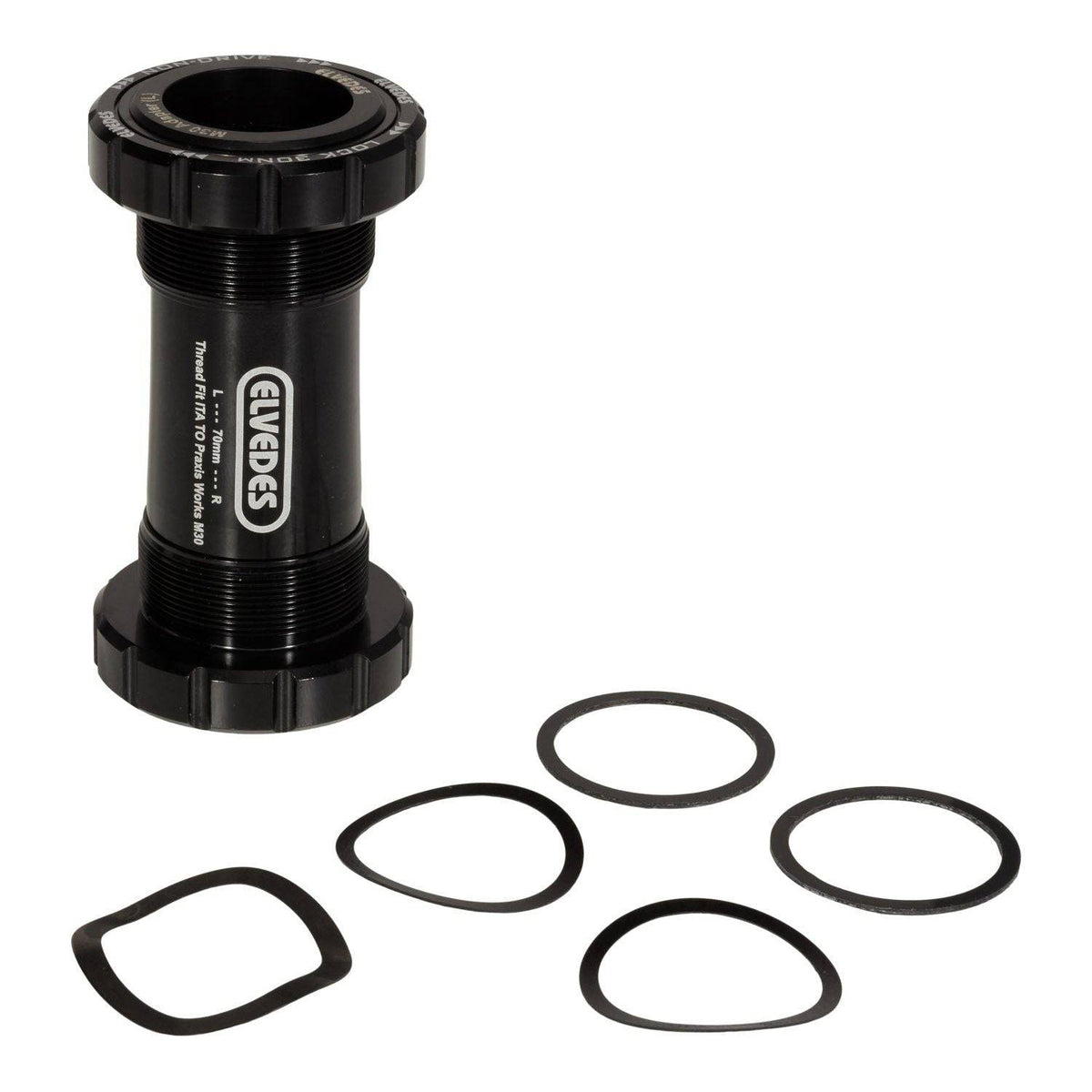 Elvedes Trapas Thread Fit Ita voor Praxis Road 70 mm, zichtbaar op de fiets met trapas en bevestigingsonderdelen