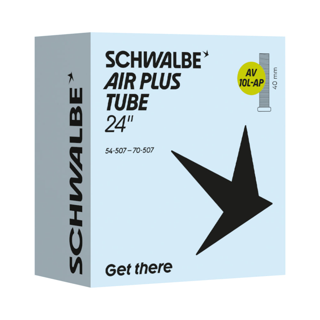 Schwalbe binnenband Av10L-Ap Air Plus 54/70-507 met ventiel, geschikt voor fiets, close-up van de band en ventiel.