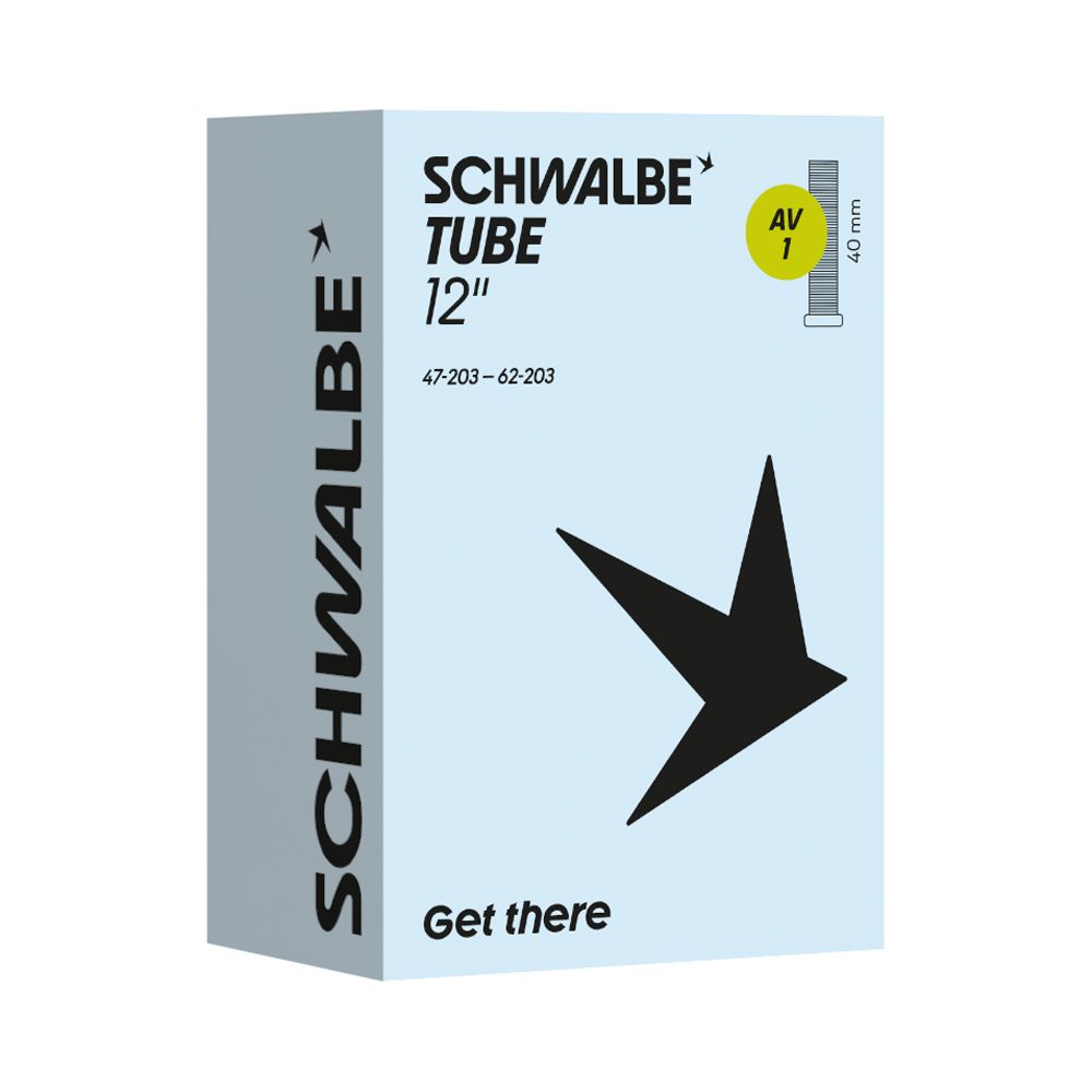 Schwalbe binnenband 12 inch Av1, 47/62-203 met 40 mm ventiel, geschikt voor fietsbanden, zichtbaar in de afbeelding