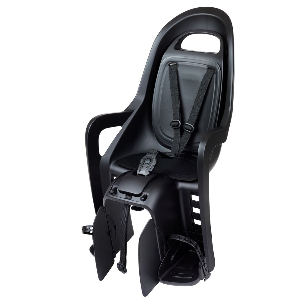 Polisport Groovy MIK-HD zwart achterzitje voor fiets, comfortabel en veilig voor kinderen, bevestigd op de fiets.