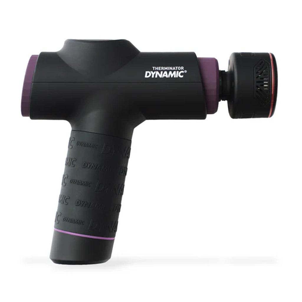 Zwarte Dynamic Therminator 70 W massage gun met verwarming en koelfunctie, zichtbaar in de afbeelding.