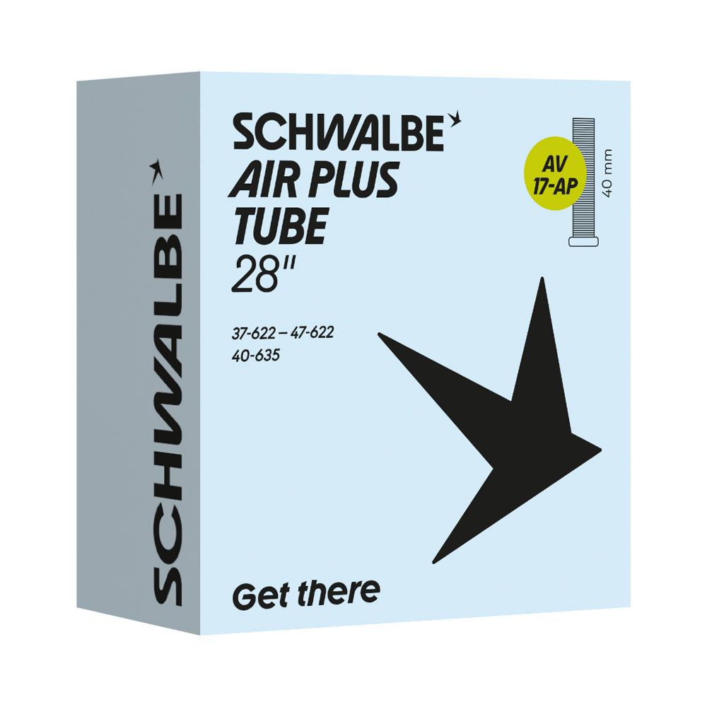Schwalbe Binnenband Av17Ap Air Plus 28 inch, 40mm ventiel, geschikt voor 28 x 1.40 tot 1.75 banden, zichtbaar met ventiel en merklogo