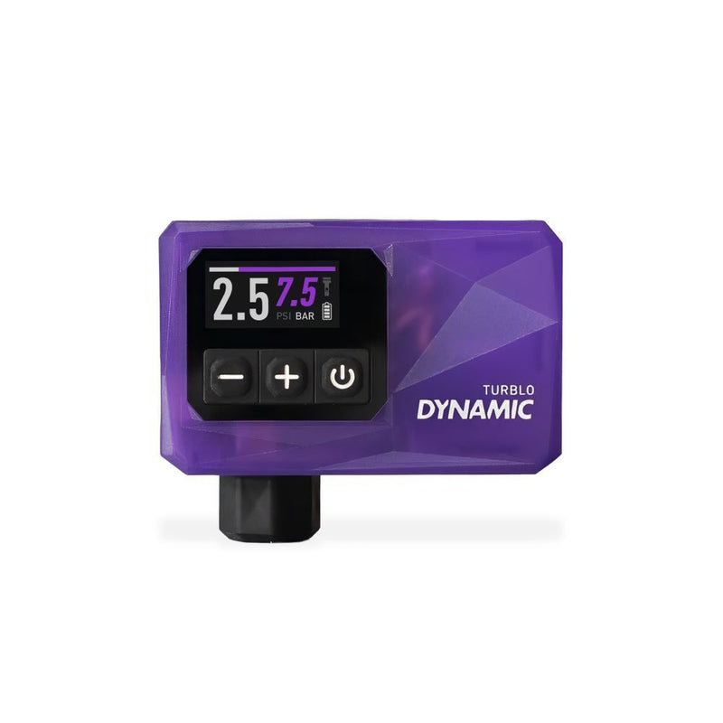 Zwarte en paarse Dynamic Turbo 2 48 W elektrische minipomp met digitale display en drukknop, geschikt voor inflatie en deflatie.