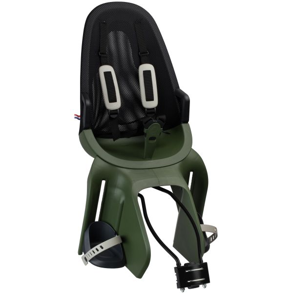 Qibbel Air kinderzitje achter voor fiets, framebevestiging, geschikt voor kinderen tot 2,5 kg, zwart en stevig ontworpen.