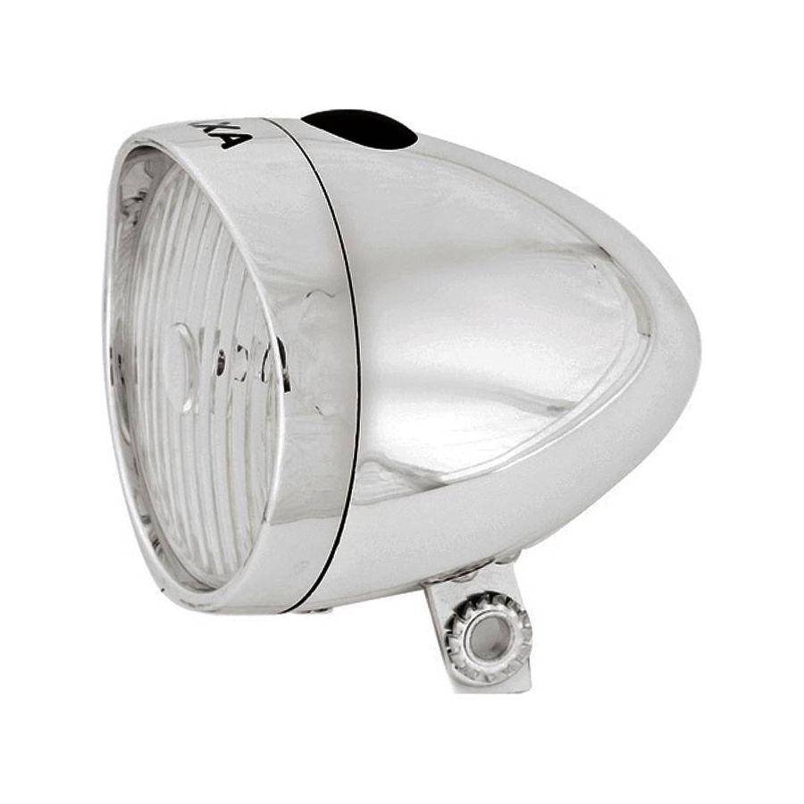 Axa Classic LED koplamp 4 Lux met batterij in zilver, gedetailleerde close-up van de fietsverlichting
