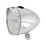 Axa Classic LED koplamp 4 Lux met batterij in zilver, gedetailleerde close-up van de fietsverlichting